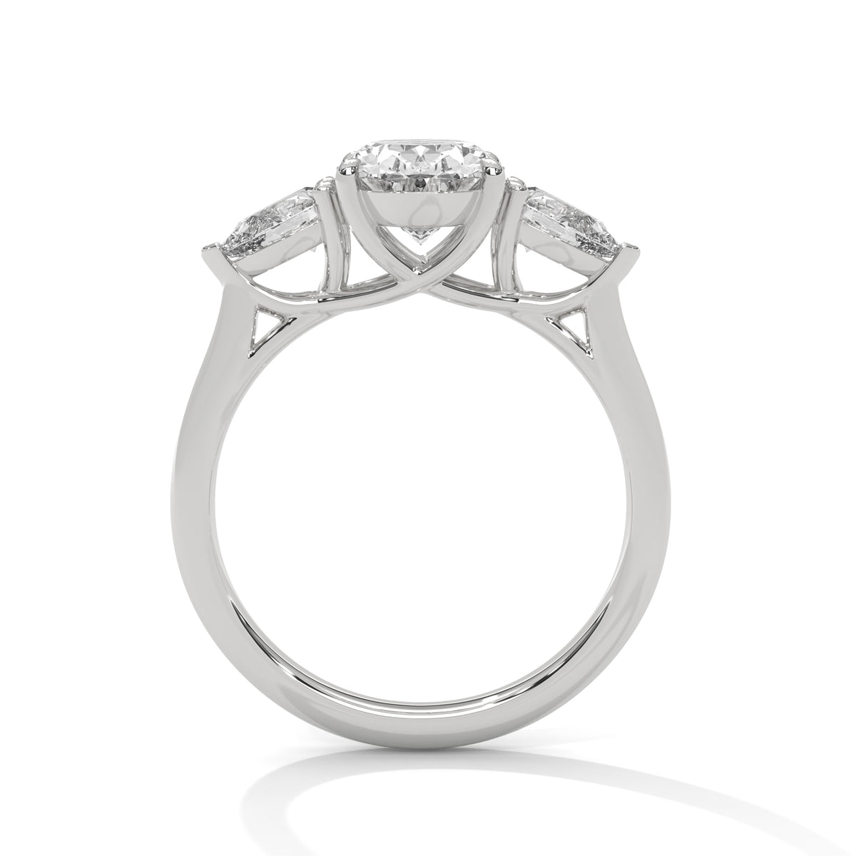 Diamond ring with a central stone and smaller stones on a white background
