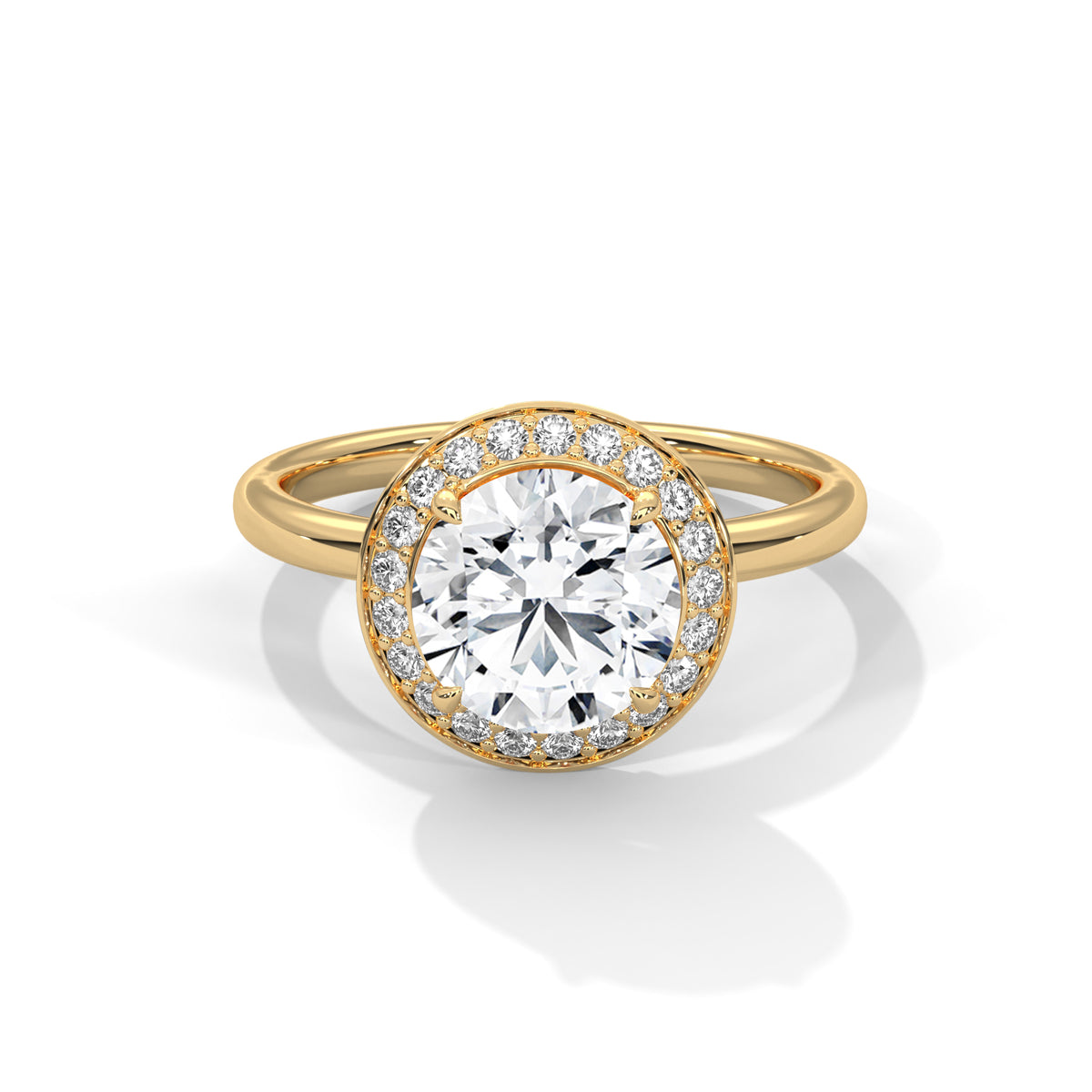 Gold ring with a large diamond and smaller diamonds around on a white background