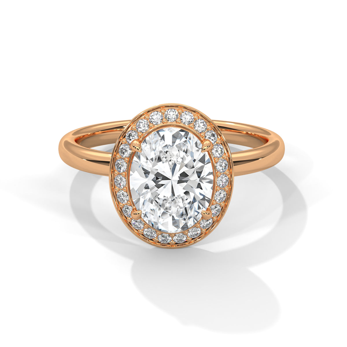 Rose gold ring with a large diamond and smaller diamonds around on a white background