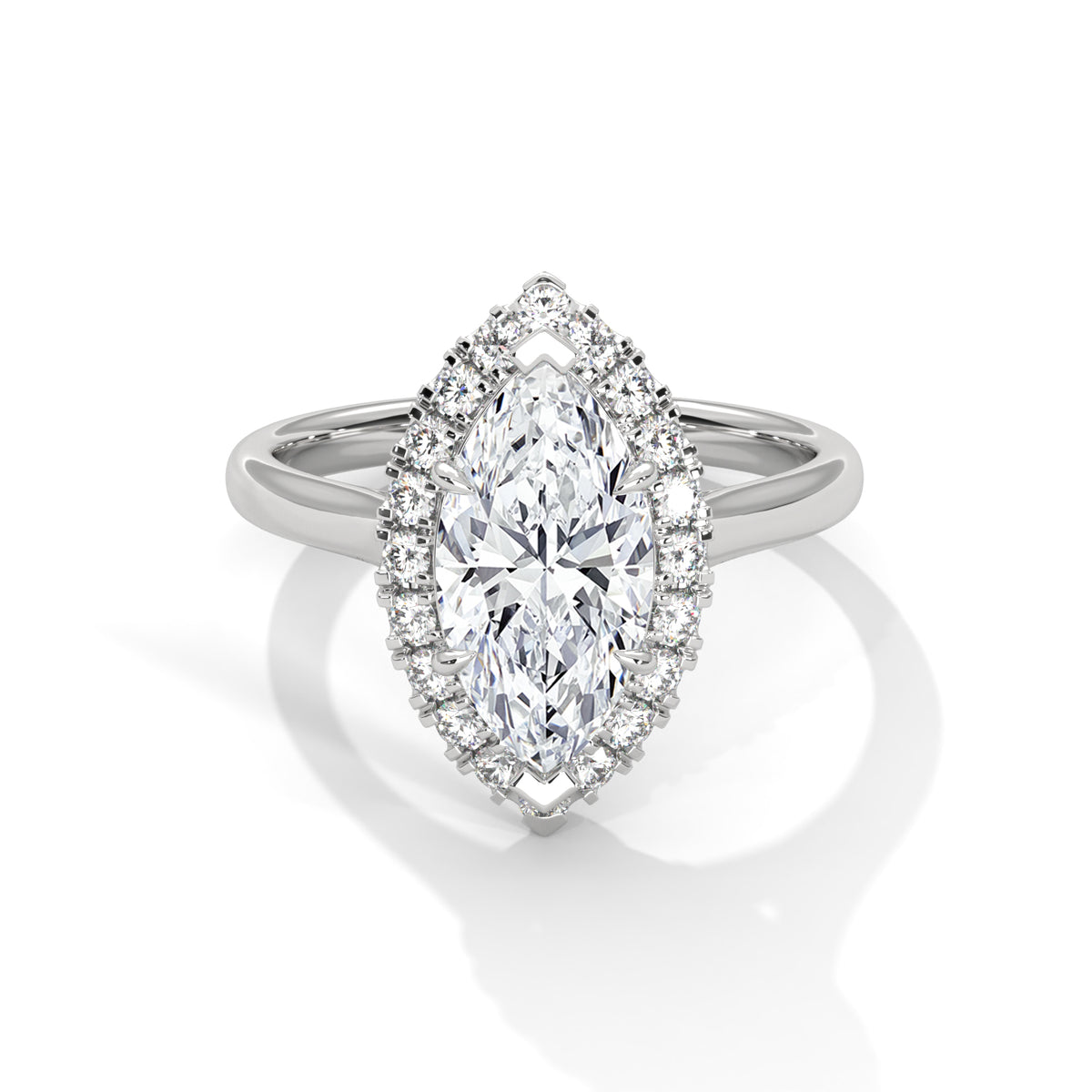 Diamond ring with a marquise-shaped center stone on a white background