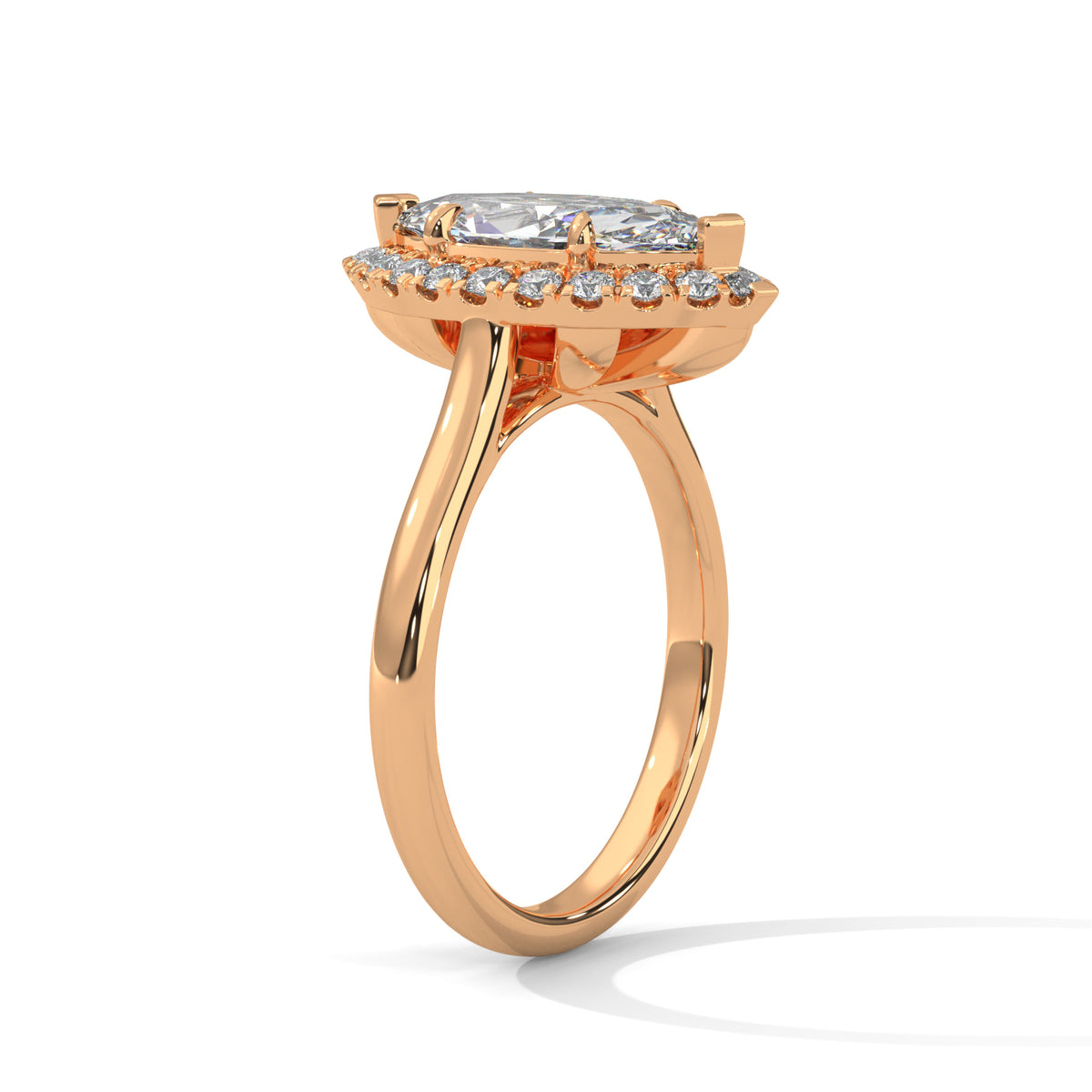 Rose gold ring with a diamond on a white background
