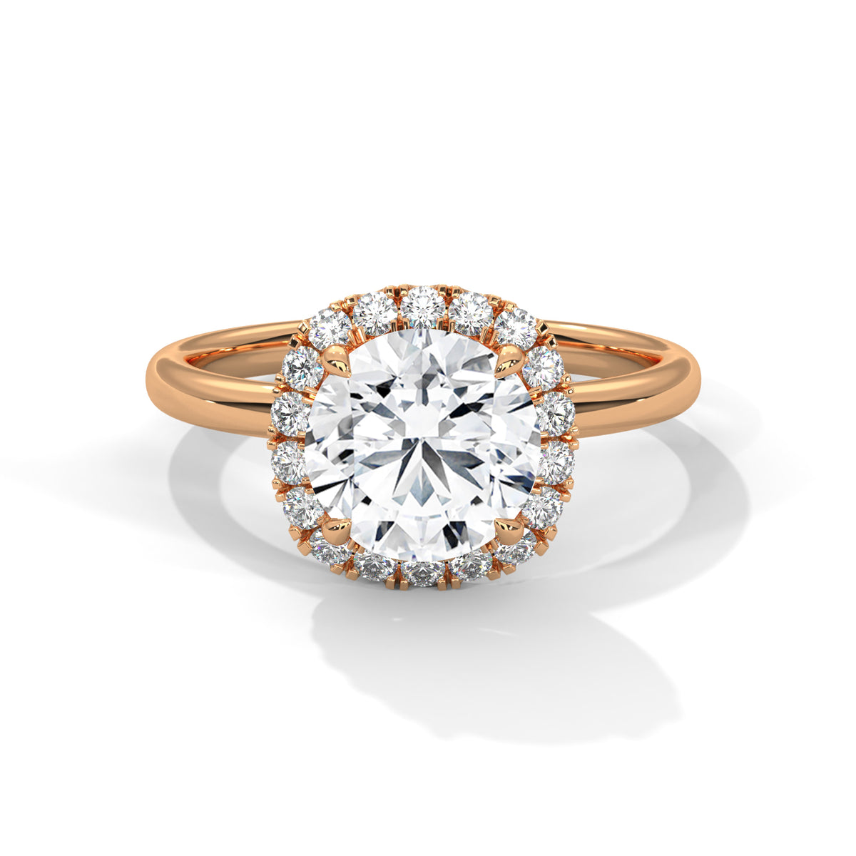 Gold ring with a large diamond and smaller diamonds around on a white background