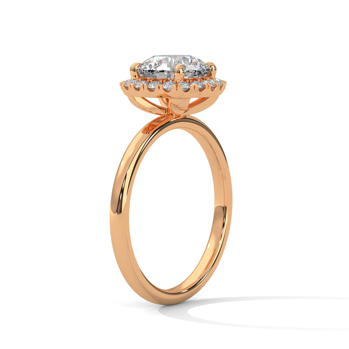 Rose gold ring with a diamond on a white background