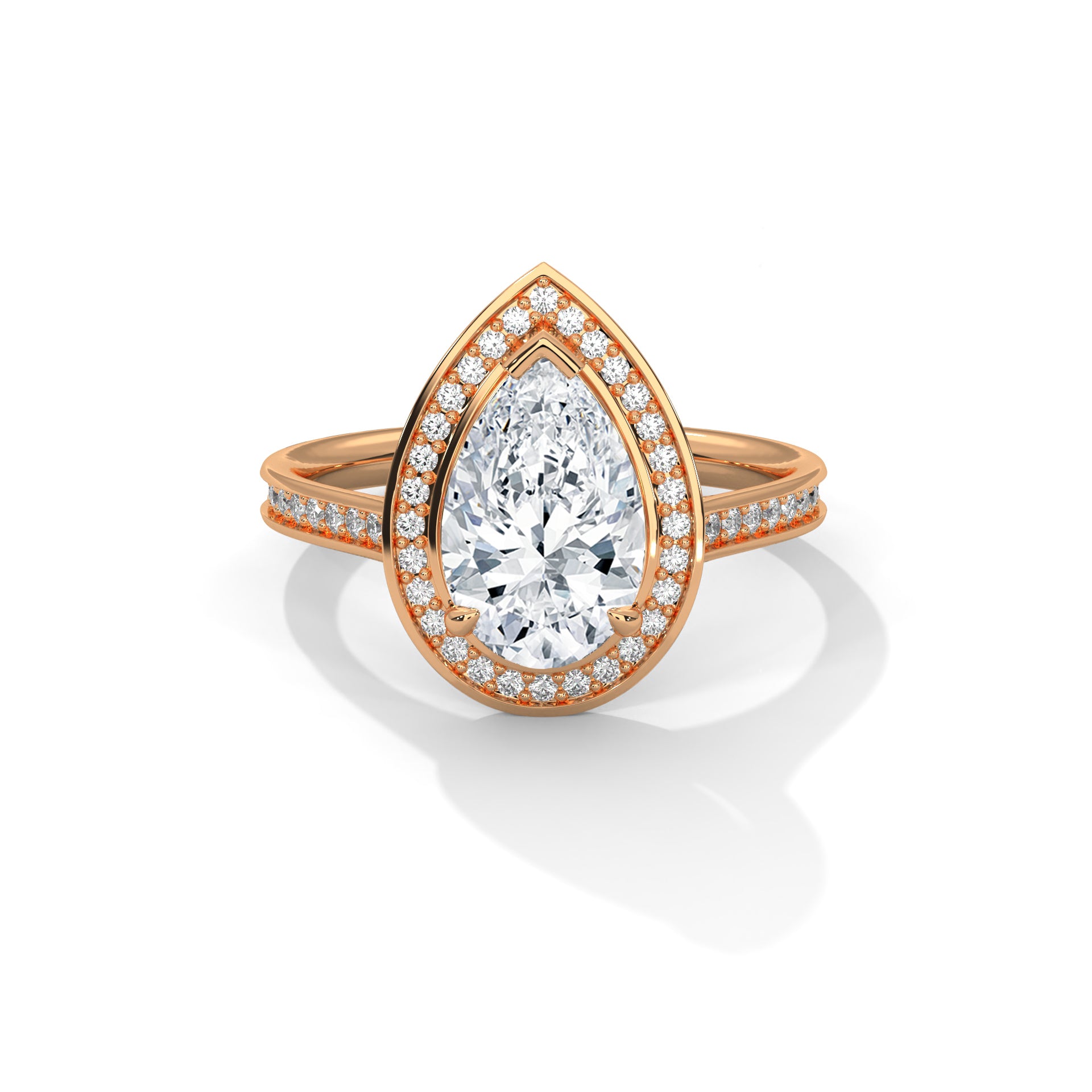 Rose gold ring with a pear-shaped diamond and smaller diamonds on a white background
