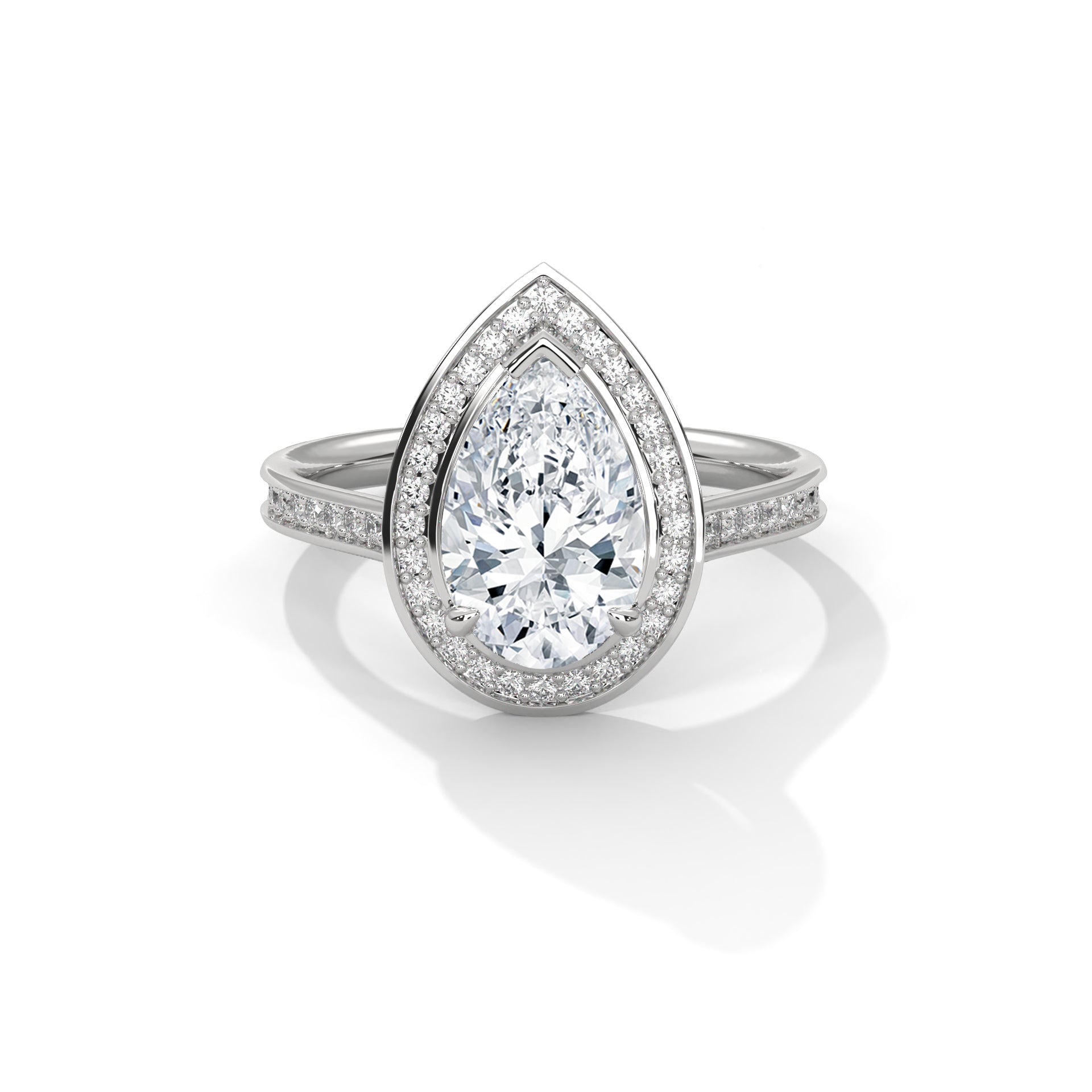 Diamond ring with a pear-shaped center stone on a white background
