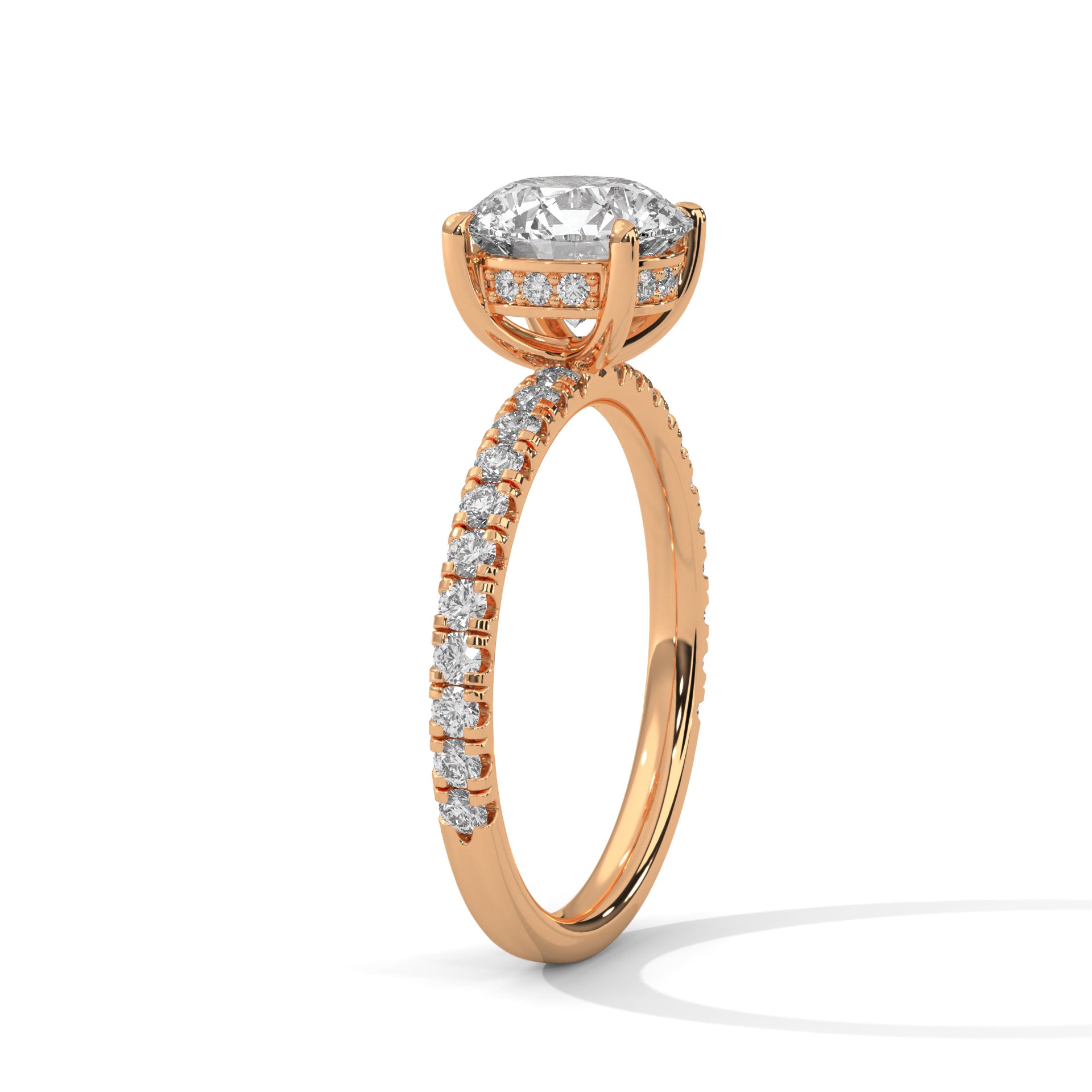 Rose gold ring with a diamond on a white background