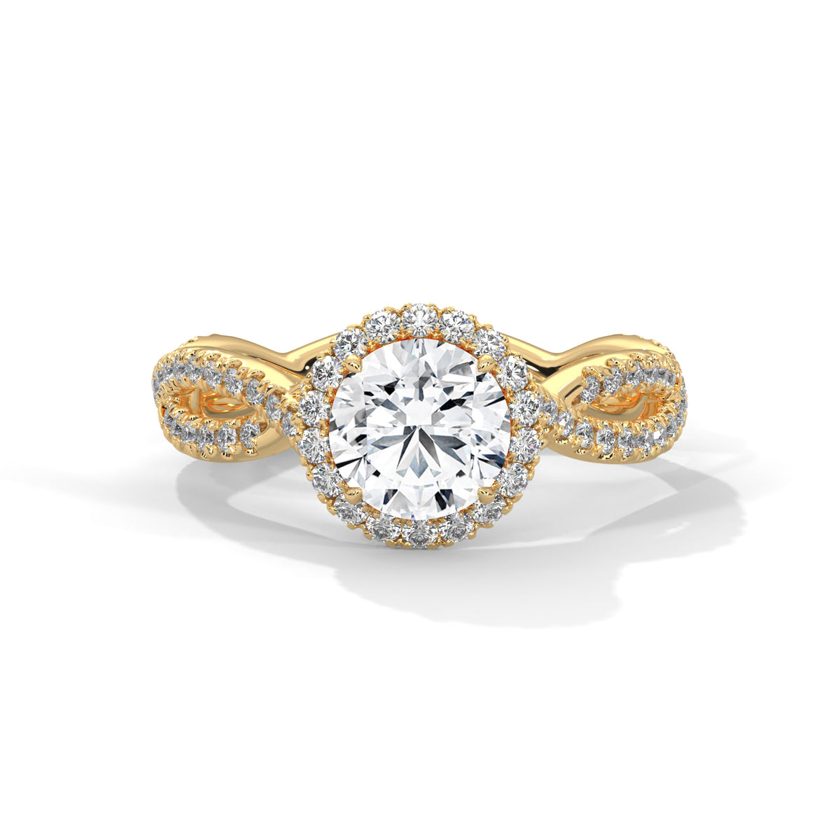 Gold ring with a large diamond on a white background