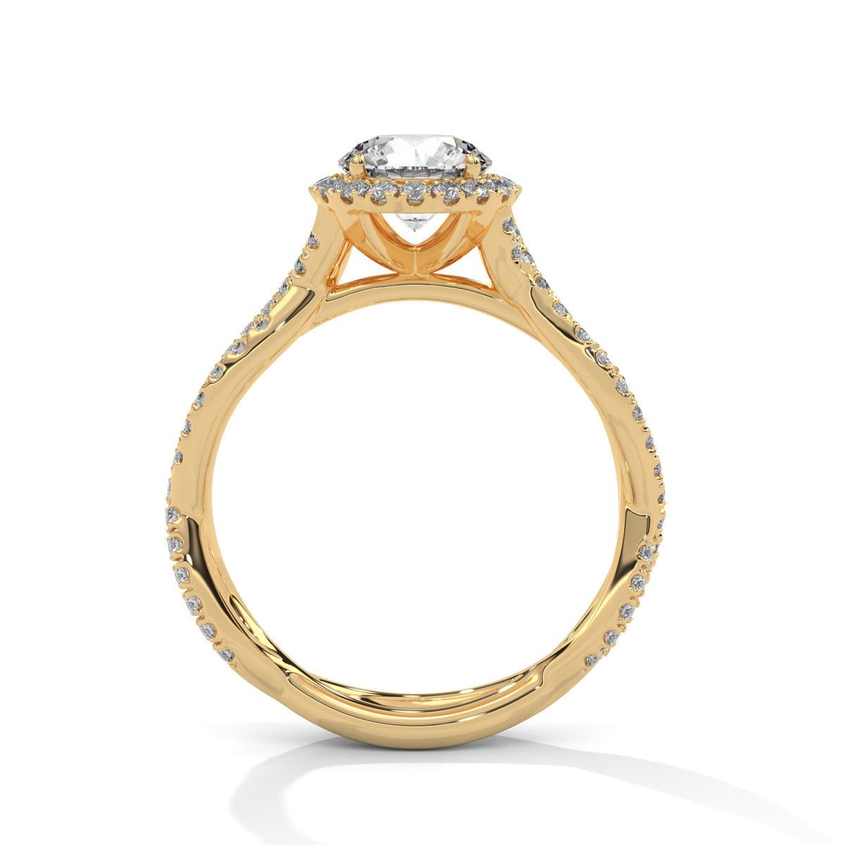 Gold ring with a diamond on a white background