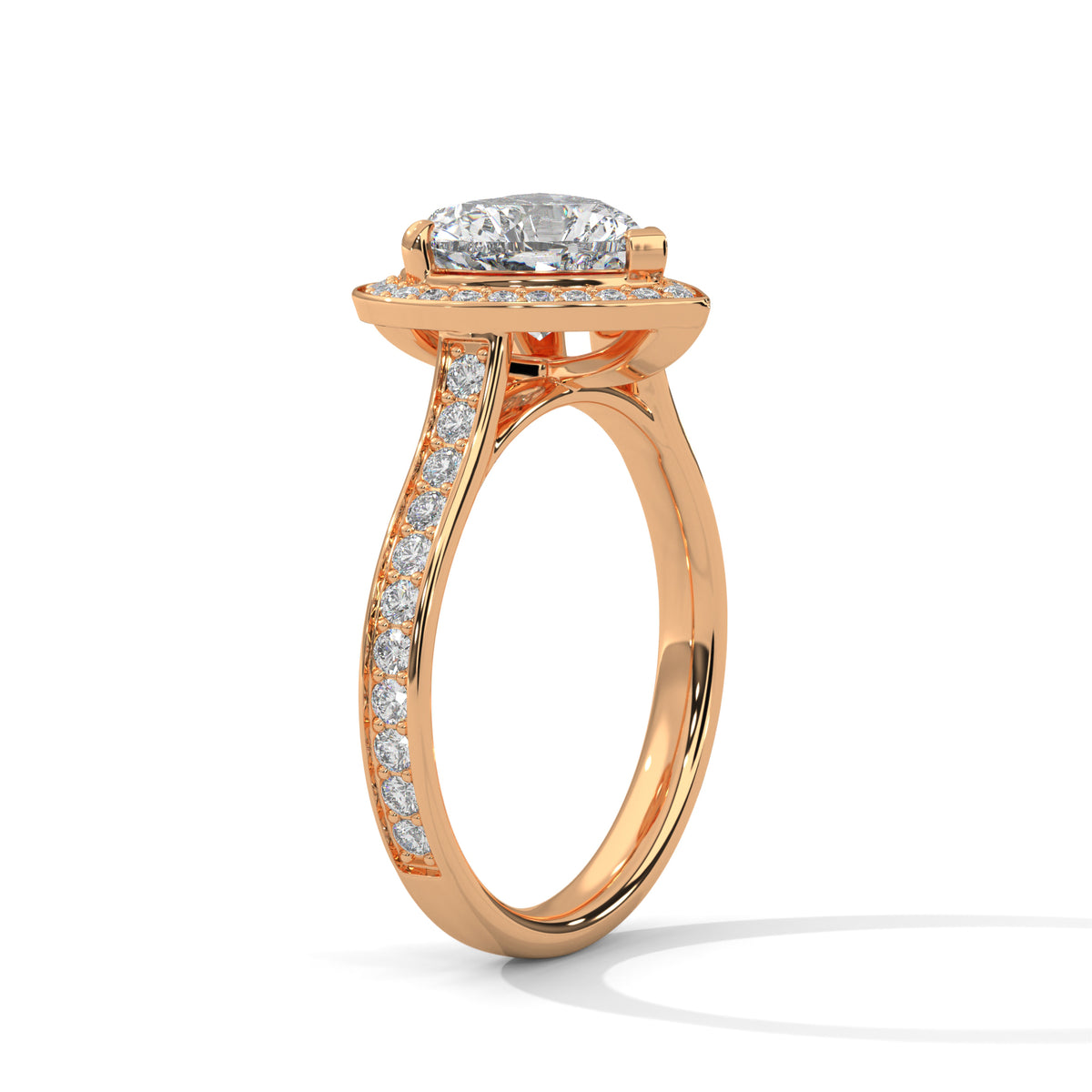 Rose gold ring with a diamond on a white background