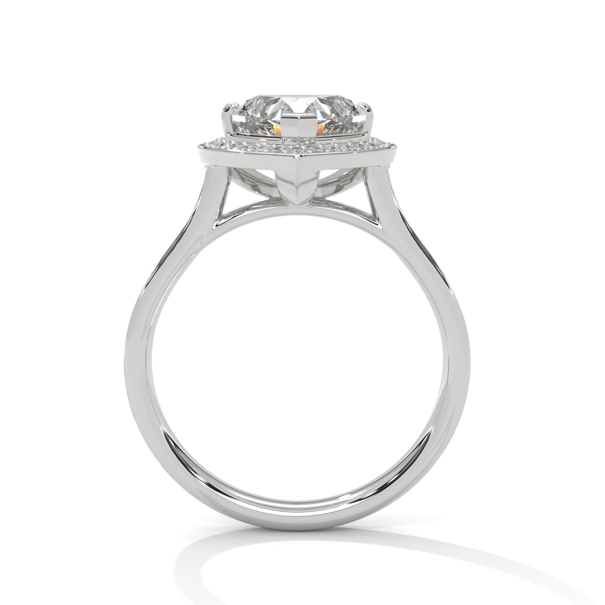 Diamond ring with a white gold band on a white background