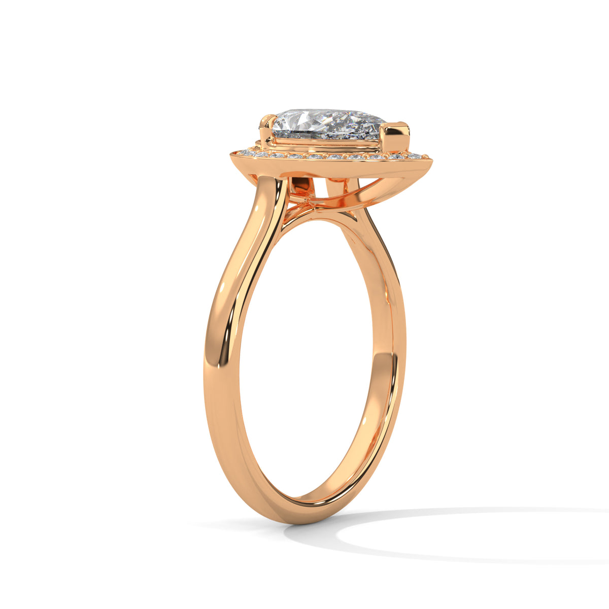 Rose gold ring with a diamond on a white background