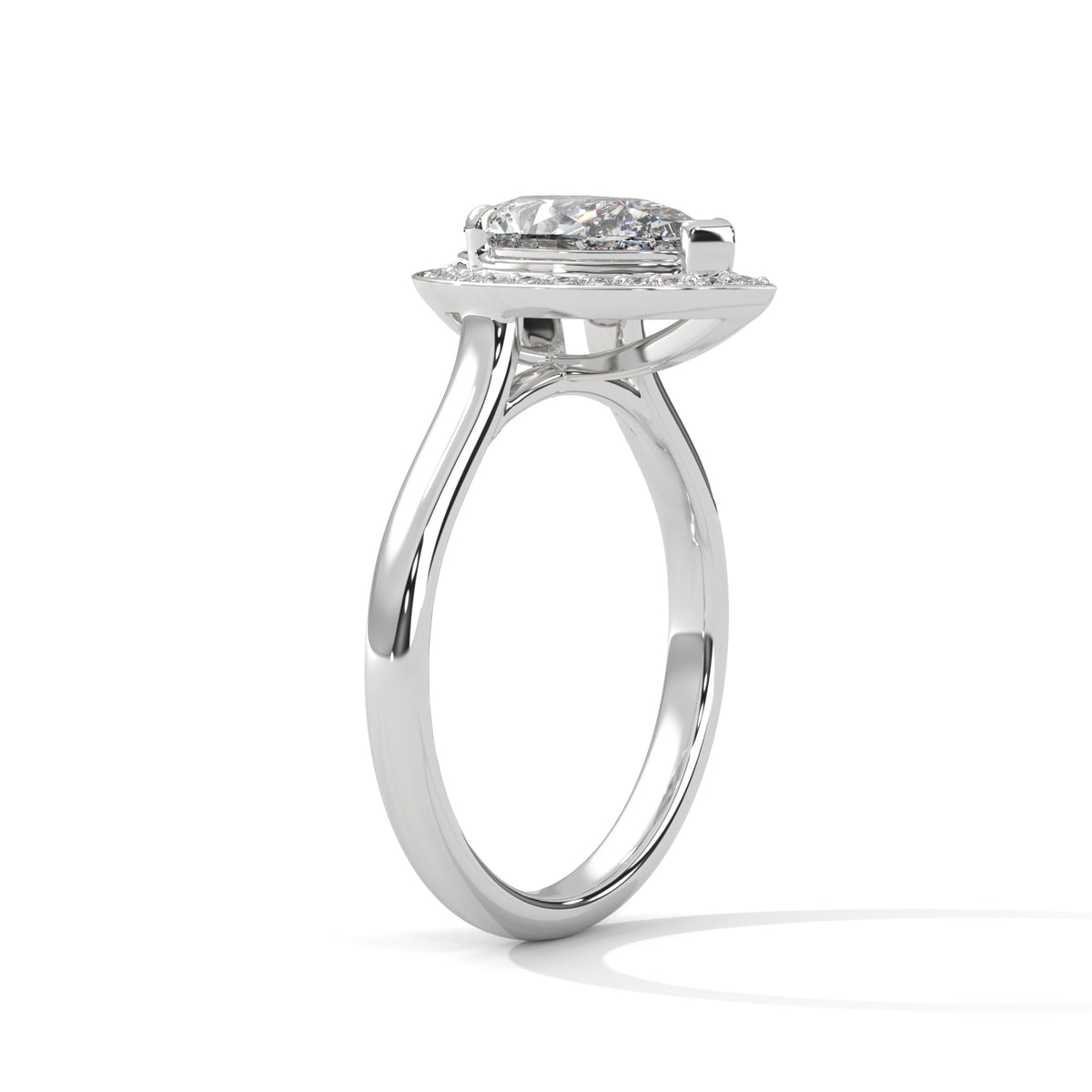 Diamond ring with a hexagonal center stone on a white background