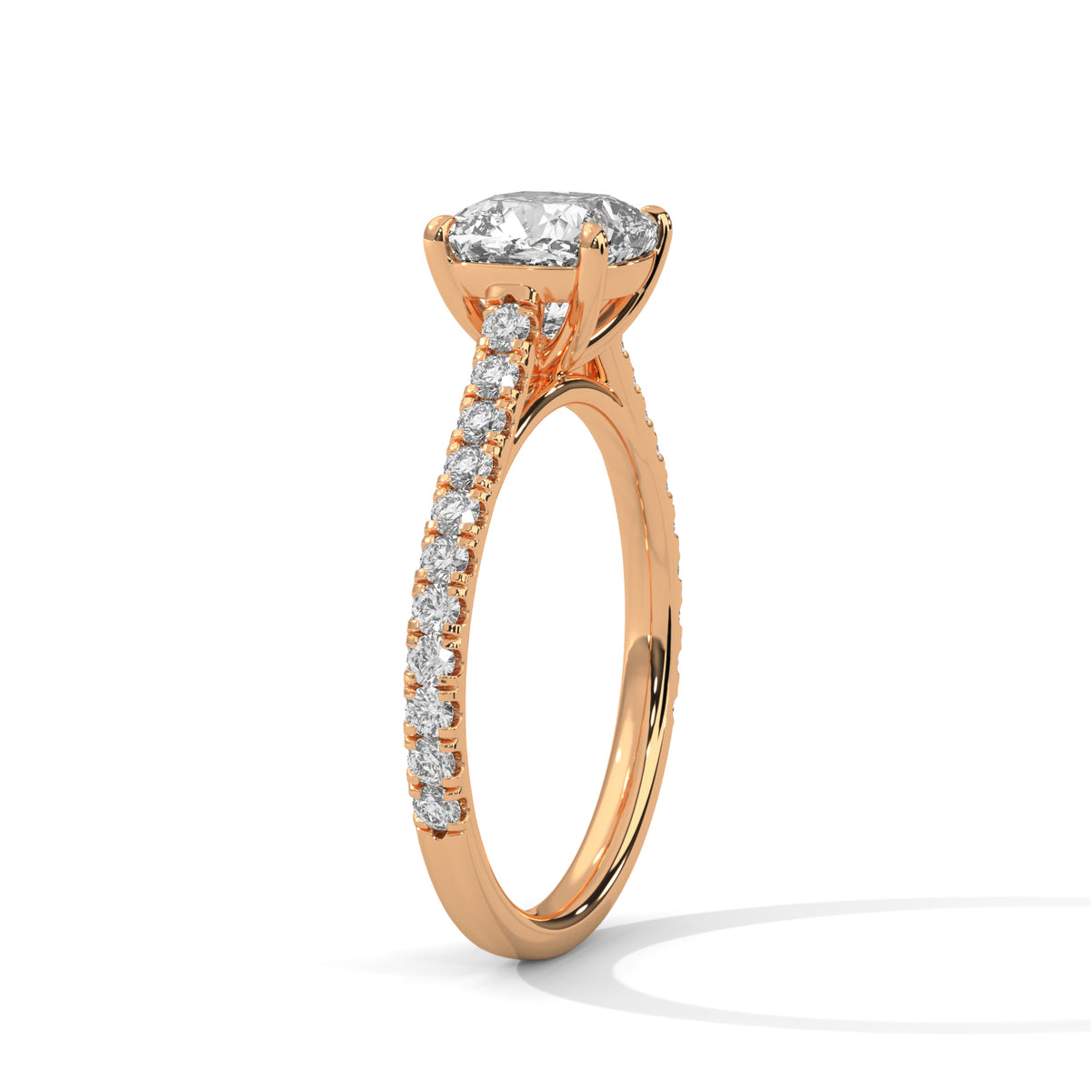 Rose gold ring with diamond accents on a white background