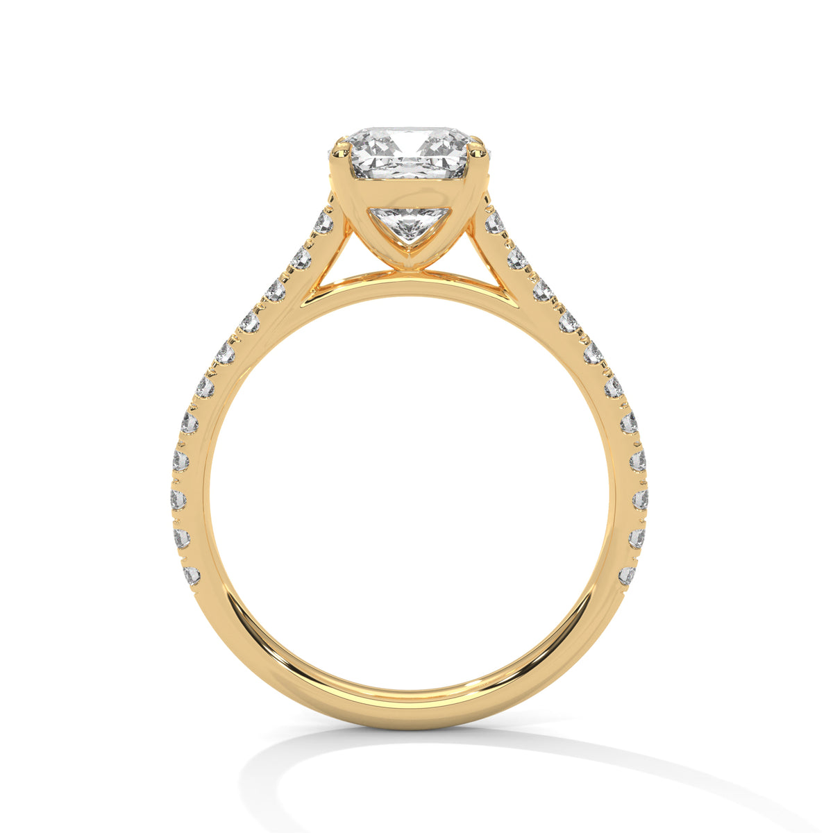 Gold ring with diamond accents on a white background