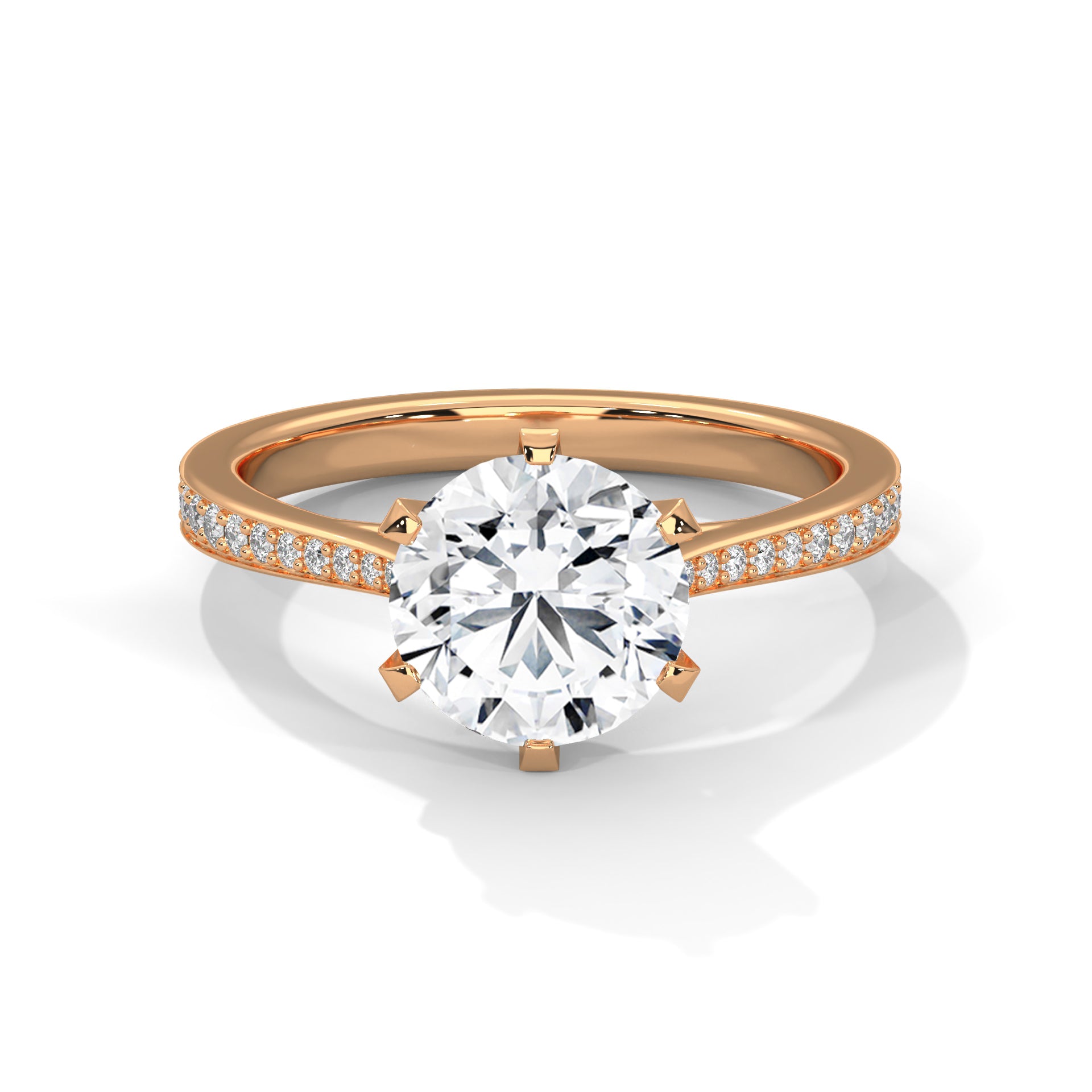Rose gold ring with a large diamond and smaller diamonds on the band against a white background