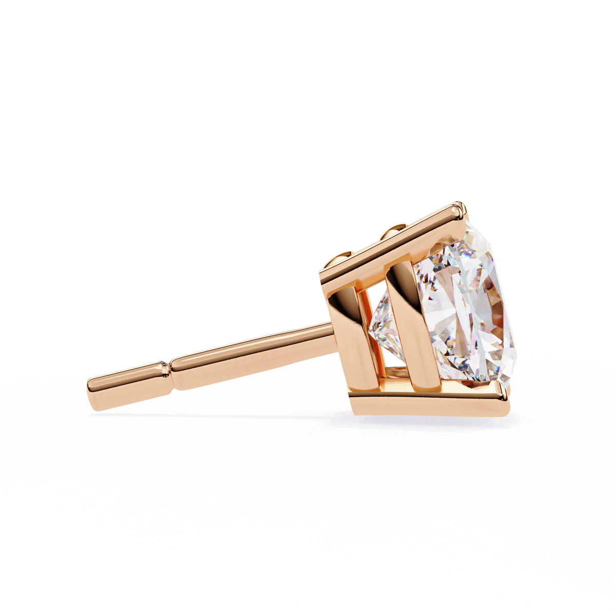 Rose gold stud earring with a clear gemstone on a white background