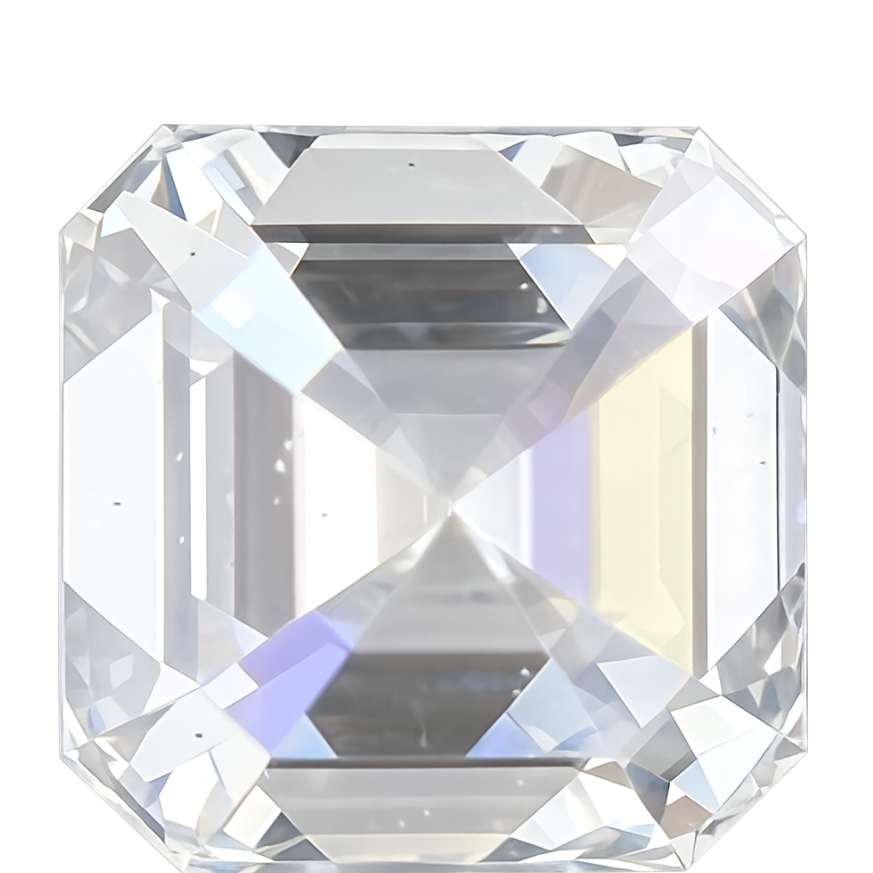A single emerald-cut clear gemstone, likely a diamond, shown from a top-down perspective on a solid white background.