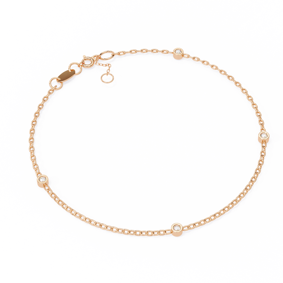 Rose gold bracelet with small diamonds on a white background