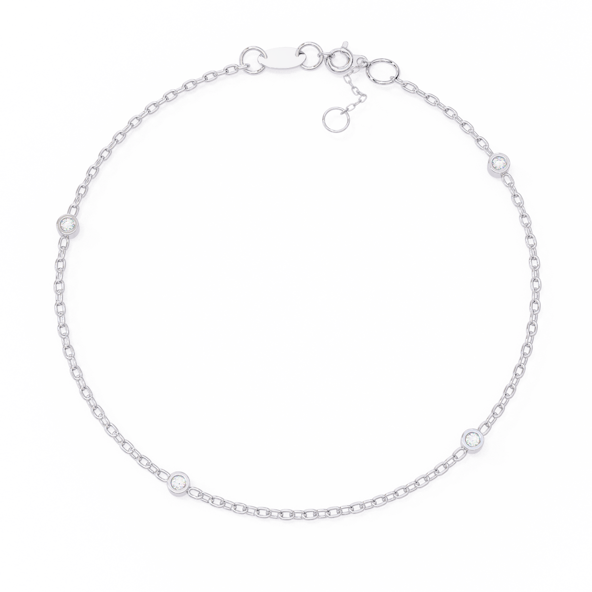Silver bracelet with small round stones on a white background