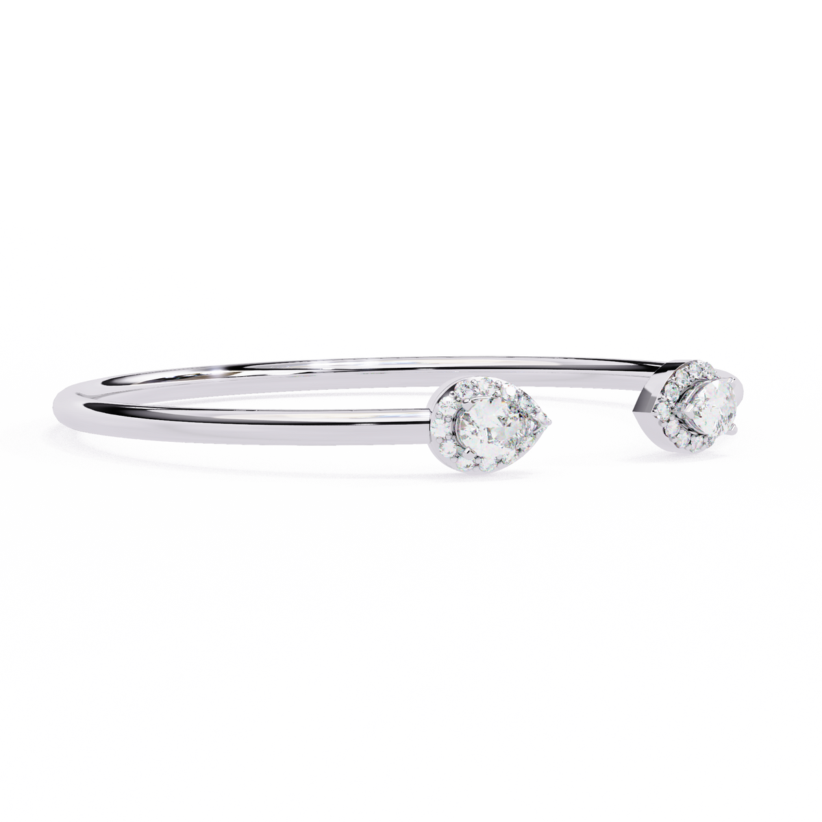 Silver bangle with two clear gemstones on a white background