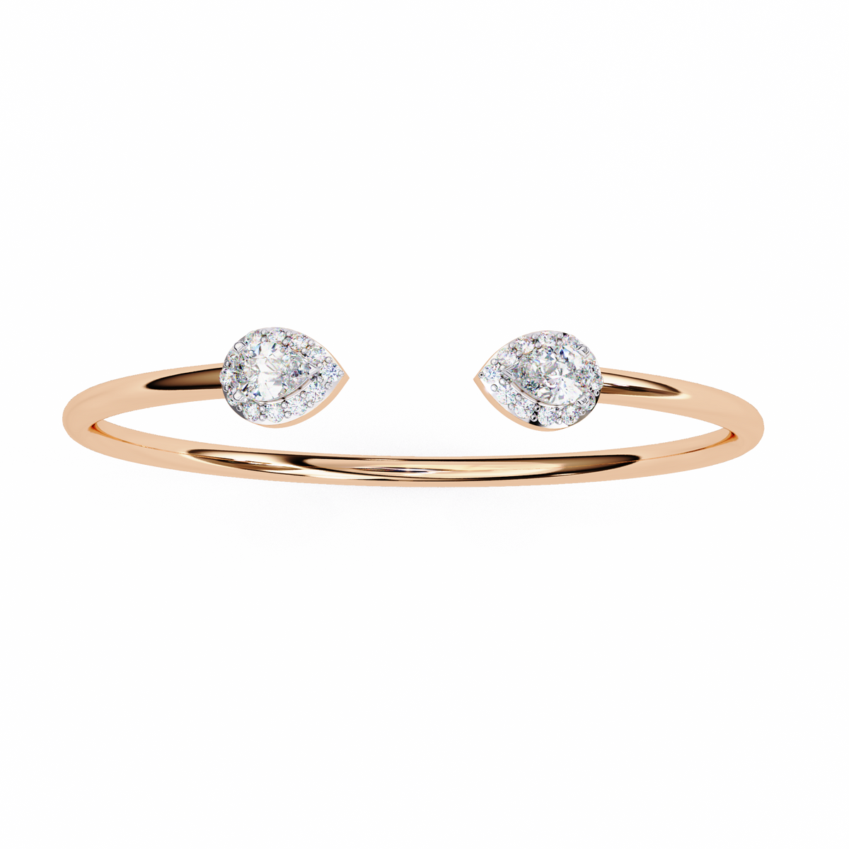 Rose gold bracelet with two diamond beads on a white background
