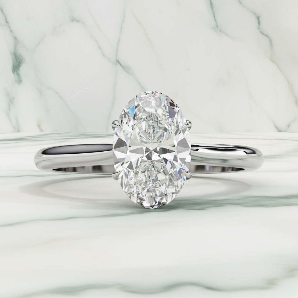 Diamond ring with two large oval-cut diamonds on a white background