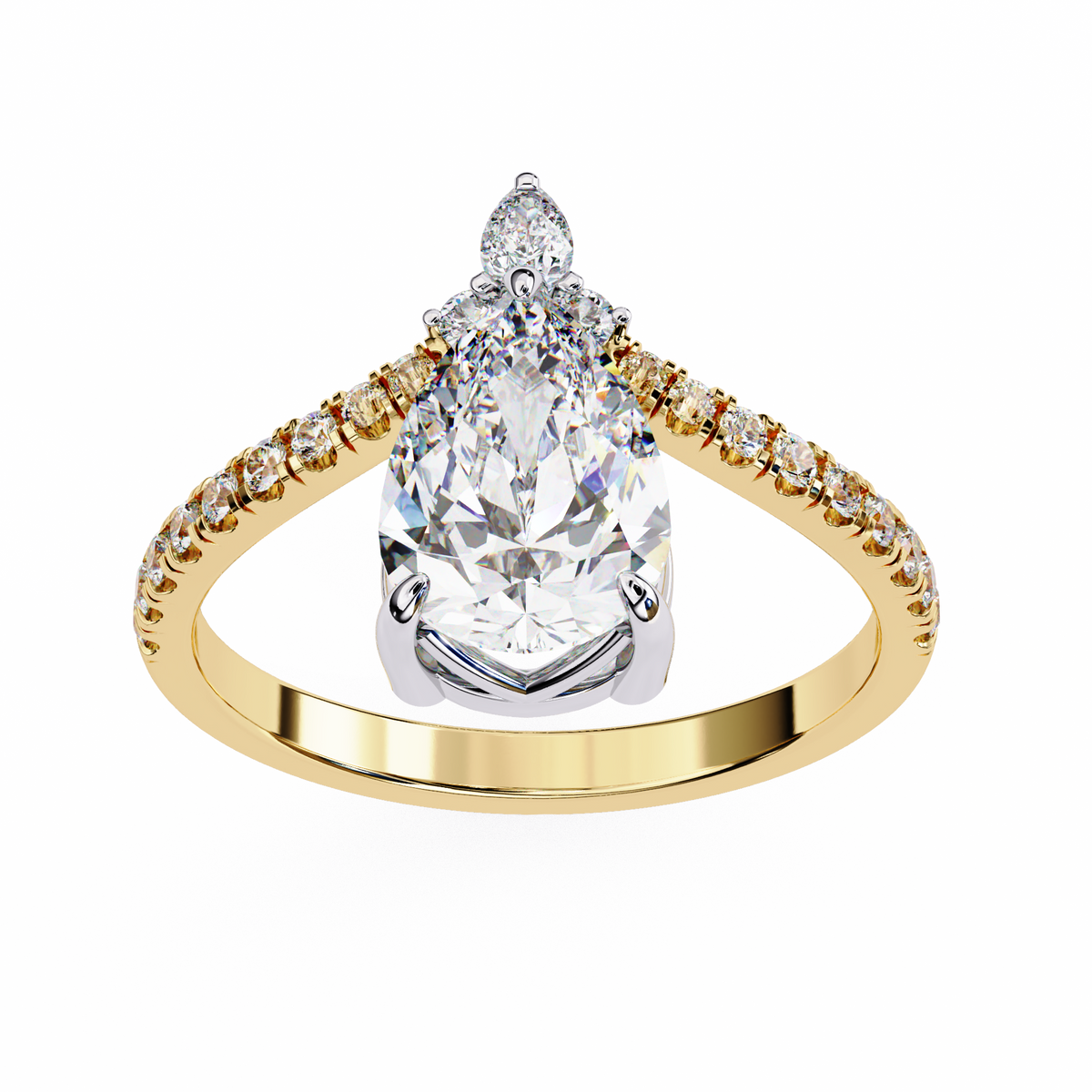 Gold ring with a large diamond and smaller diamonds on the band against a white background