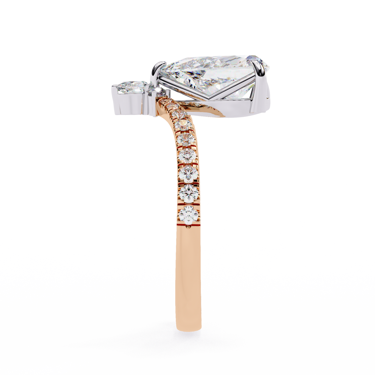 Diamond ring with a pear-shaped center stone and rose gold band on a white background