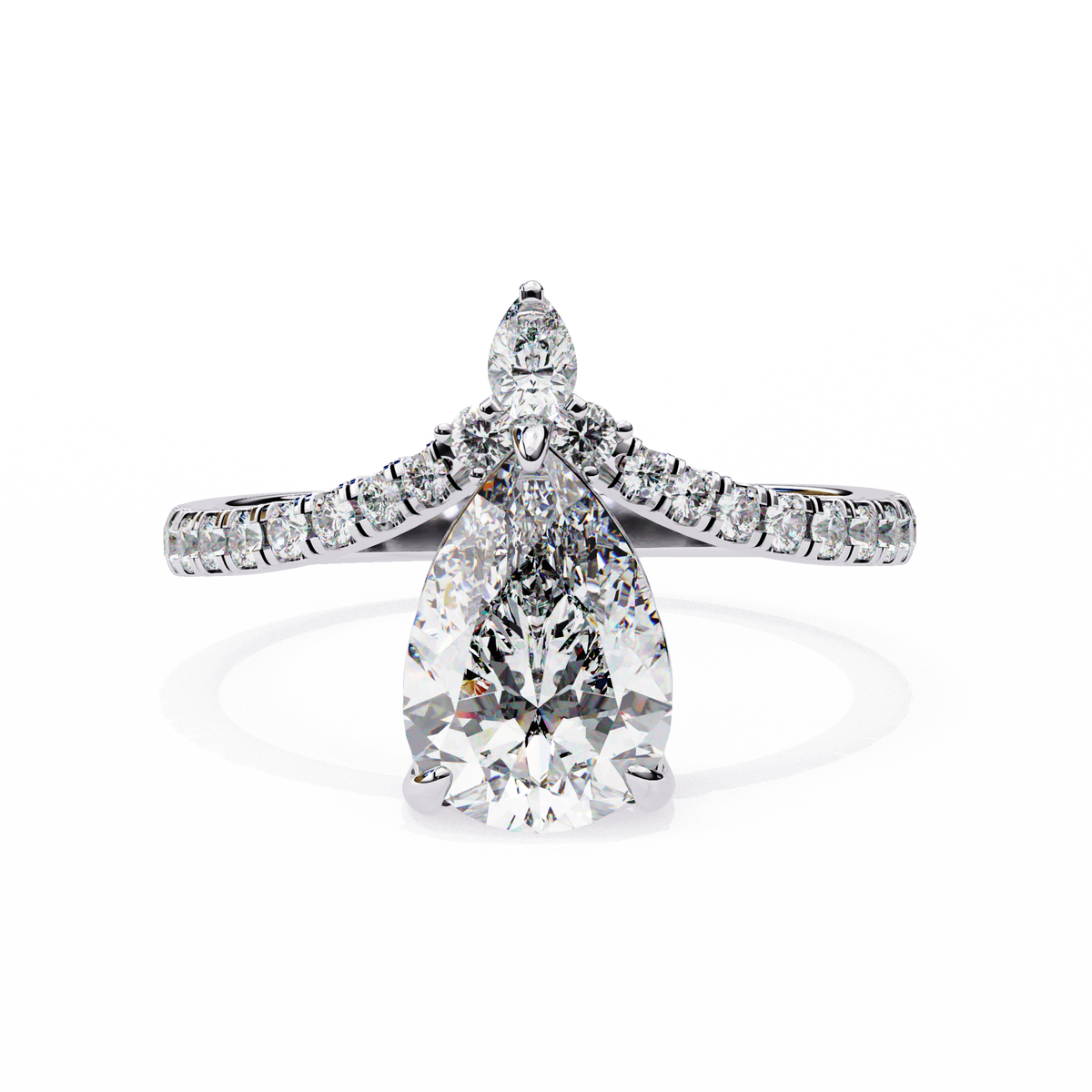 Diamond ring with pear-shaped center stone on a white background
