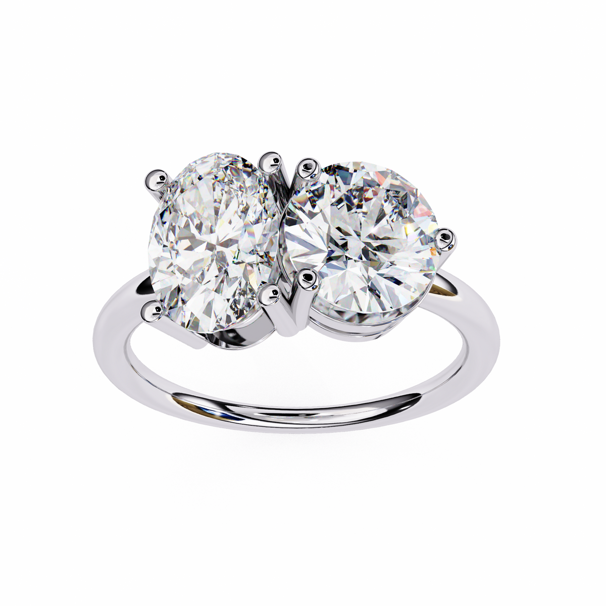 Silver ring with two large diamonds on a white background
