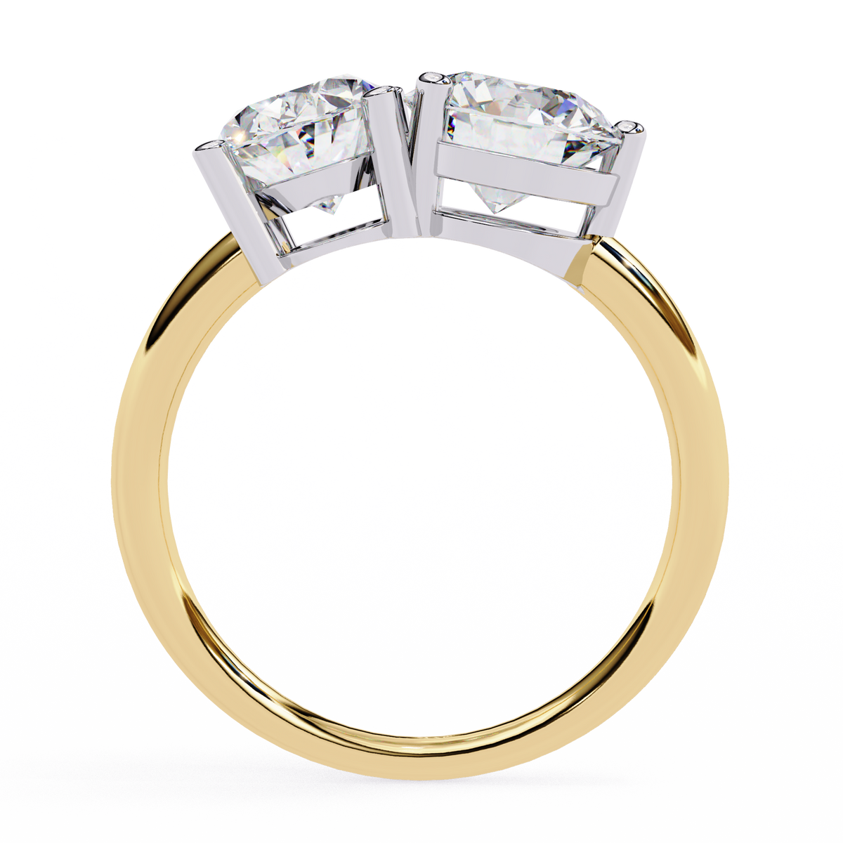 Gold ring with two diamond stones on a white background