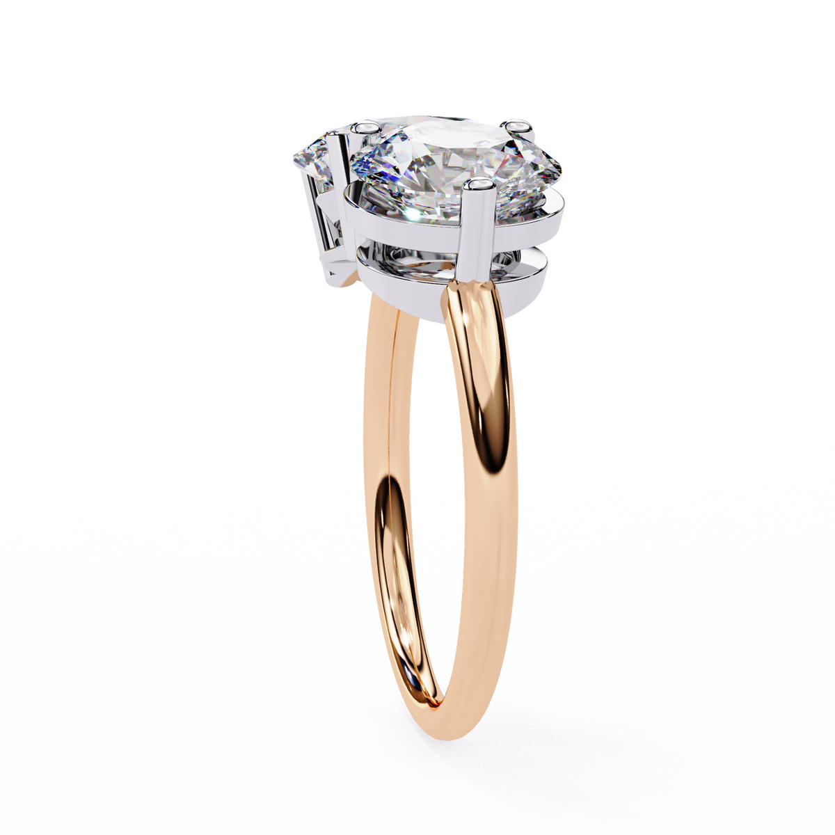 Rose gold ring with a large diamond on a white background