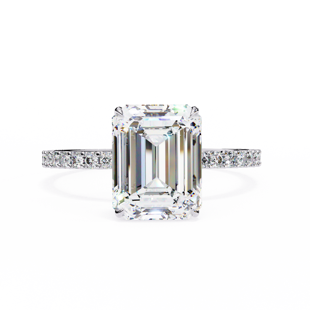 Diamond ring with emerald-cut center stone on a white background