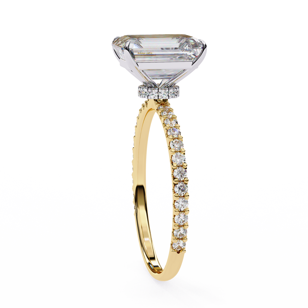 Gold ring with a large diamond and smaller diamonds on the band against a white background