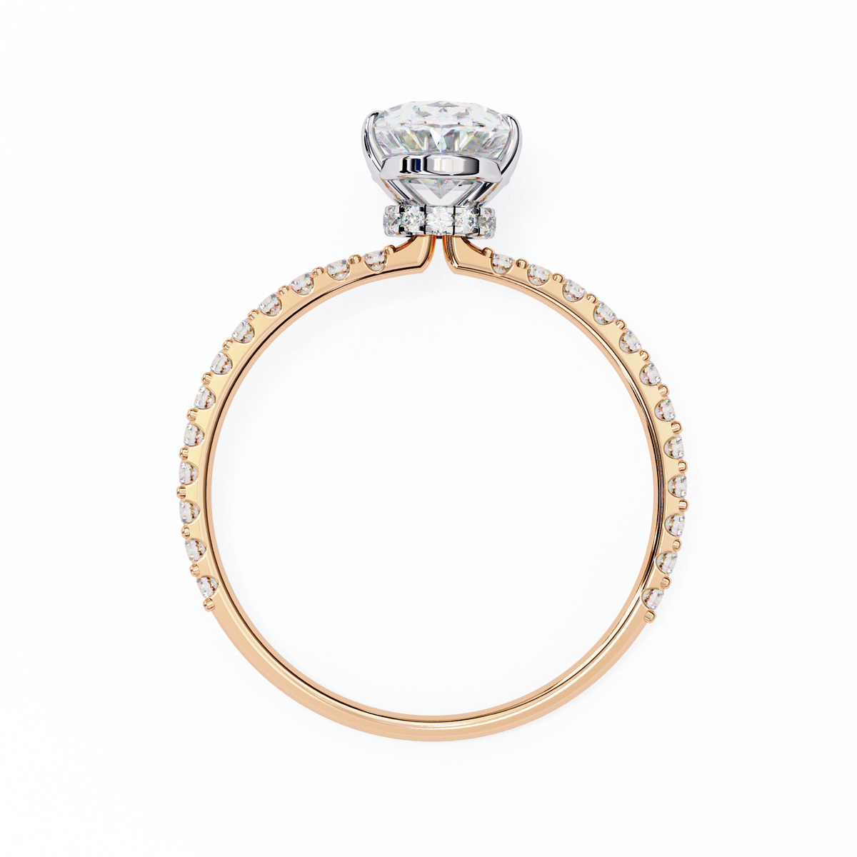 Rose gold ring with a diamond on a white background