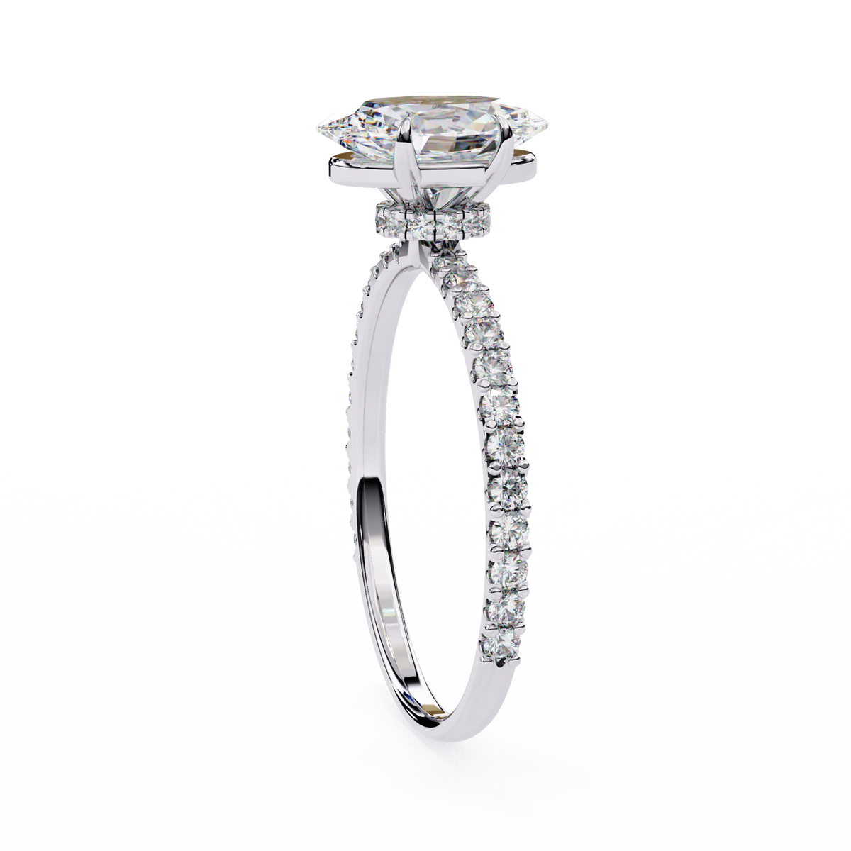 Diamond ring with a prominent center stone and smaller stones on the band against a white background