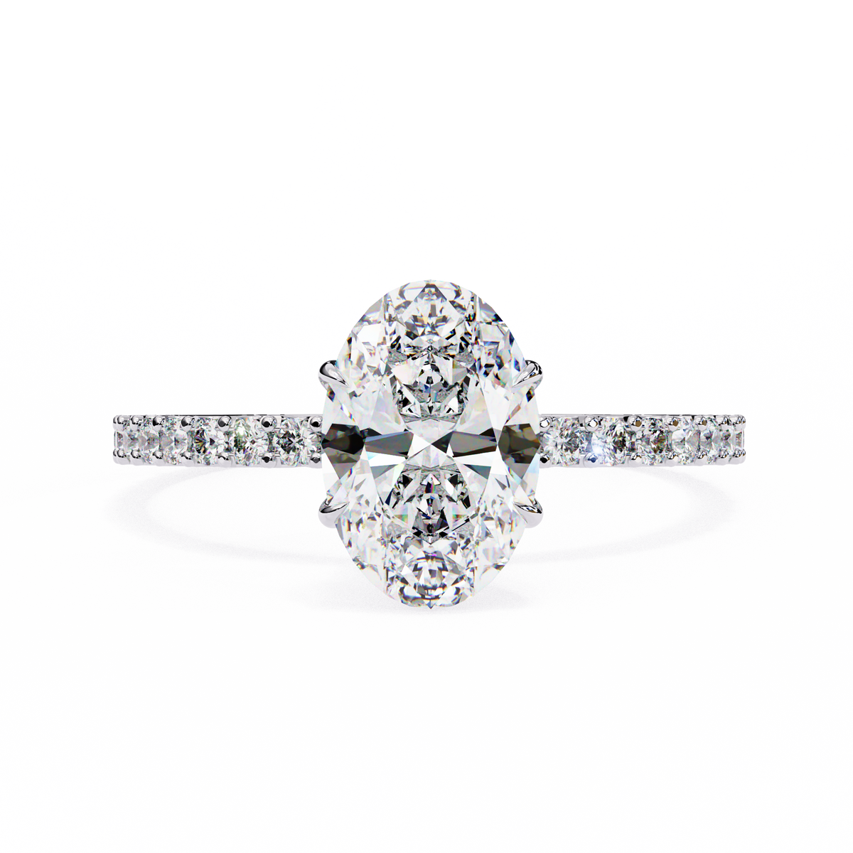 Diamond ring with two prominent oval-shaped diamonds on a white background