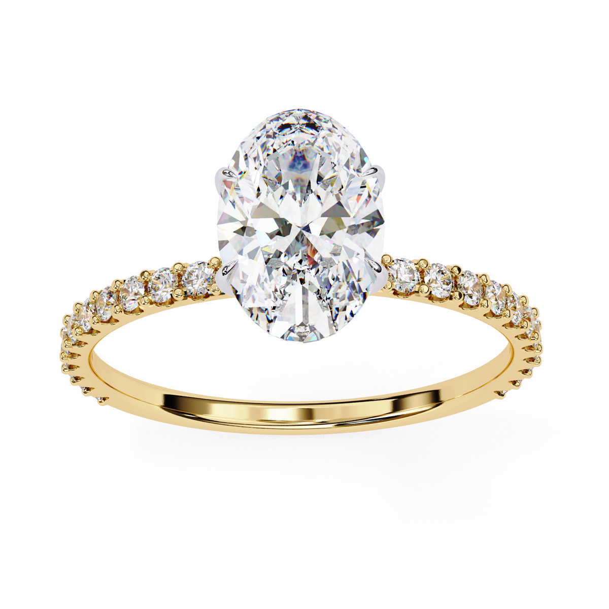 Gold ring with a large diamond and smaller diamonds on the band against a white background