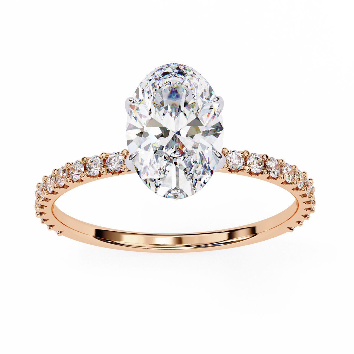 Rose gold ring with a large diamond and smaller diamonds on the band against a white background