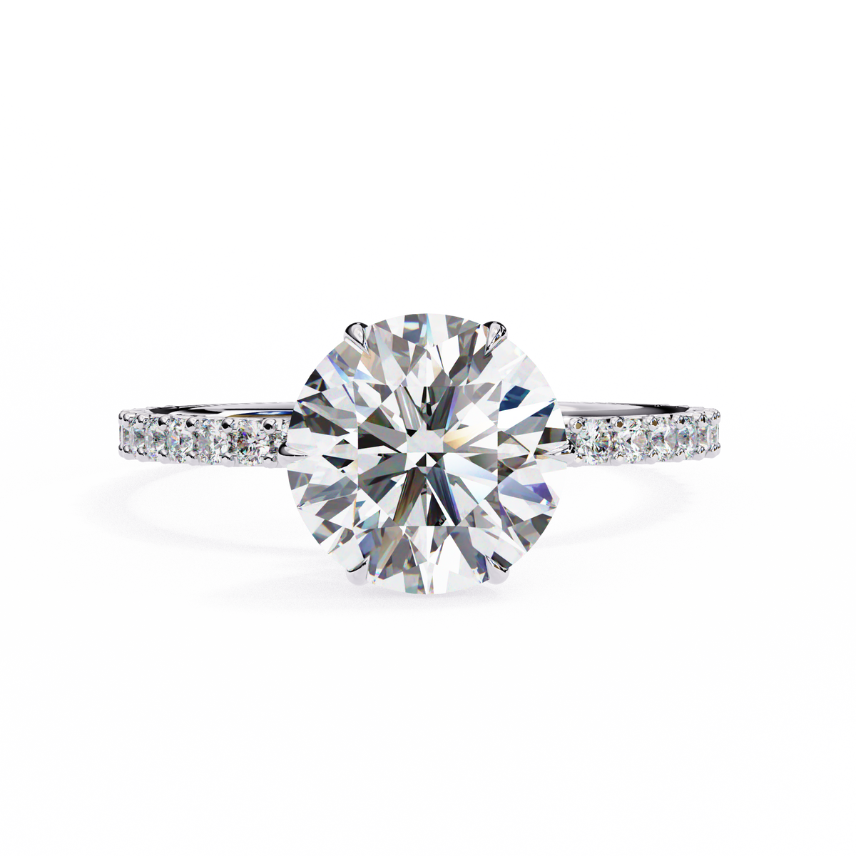 A radiant diamond engagement ring featuring a round brilliant-cut center stone in a prong setting, with a pavé band set with small diamonds on a clean white background.