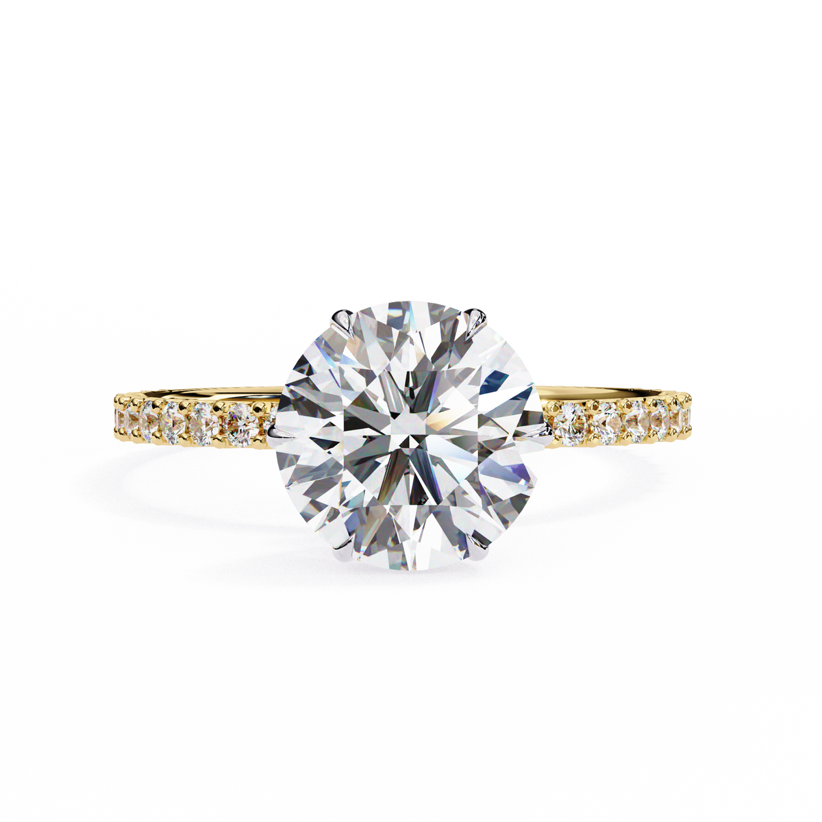 Gold ring with a large diamond and smaller diamonds on the band against a white background