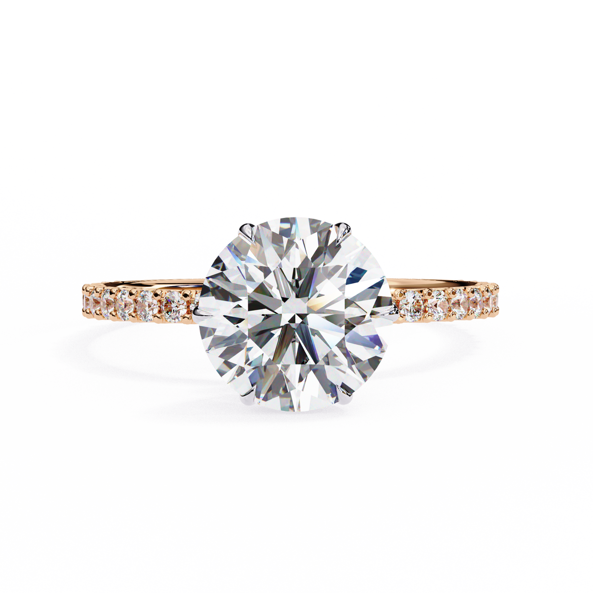 Diamond ring with a white gemstone and rose gold band on a white background