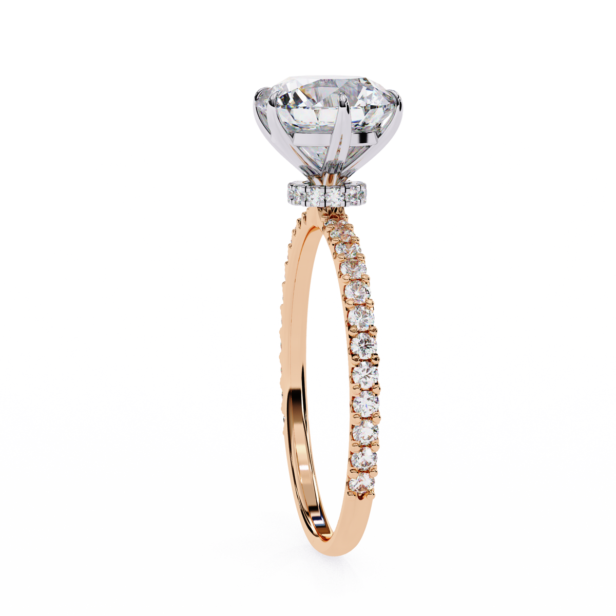 Rose gold ring with a large diamond and smaller diamonds on the band against a white background