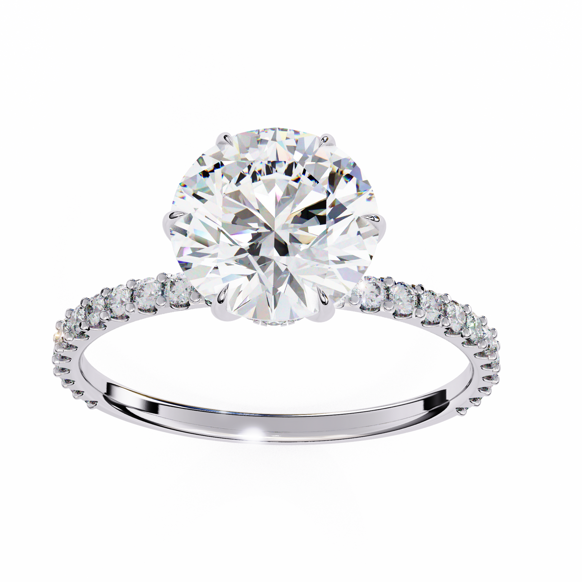 Diamond ring with a large central gemstone and smaller stones on the band against a white background