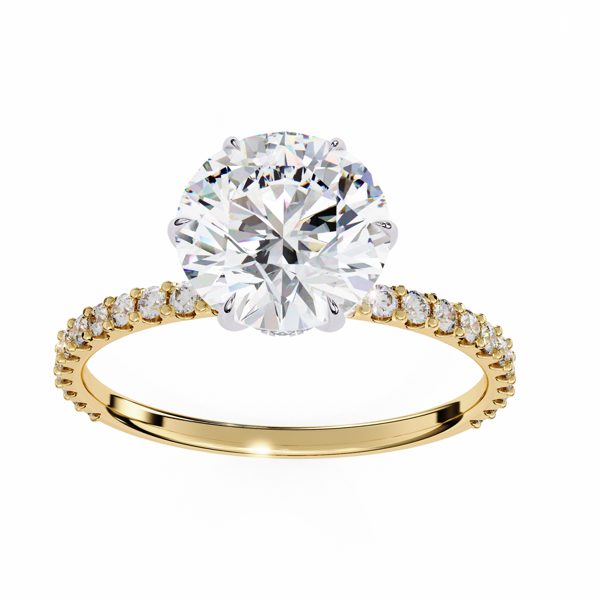 Gold ring with a large diamond and smaller diamonds on the band against a white background