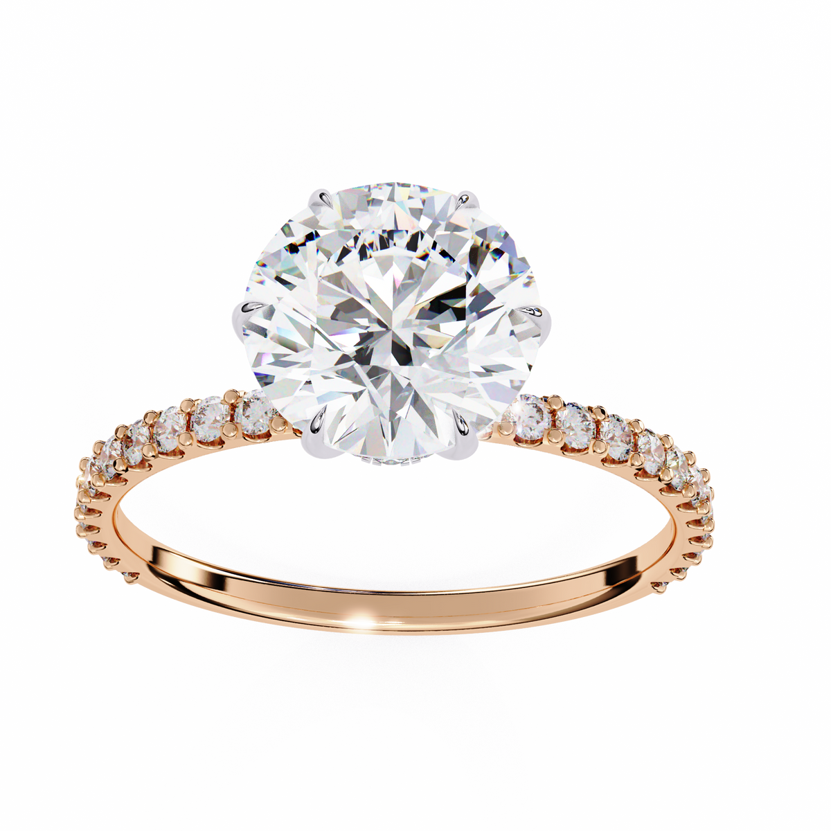 Rose gold ring with a large diamond and smaller diamonds on the band against a white background