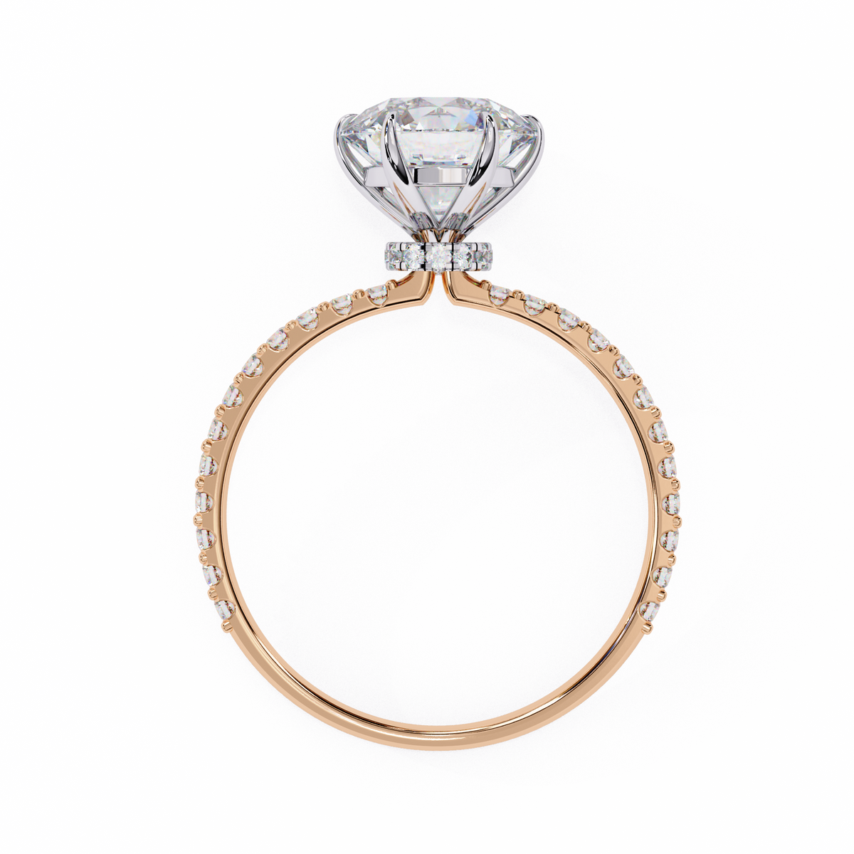 Rose gold ring with a diamond on a white background