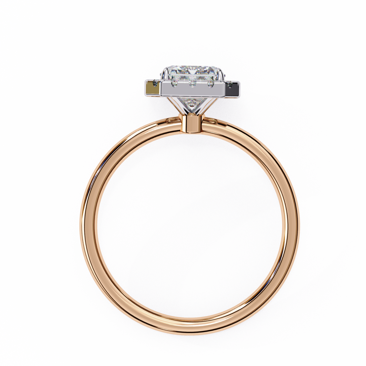 Rose gold ring with a diamond on a white background