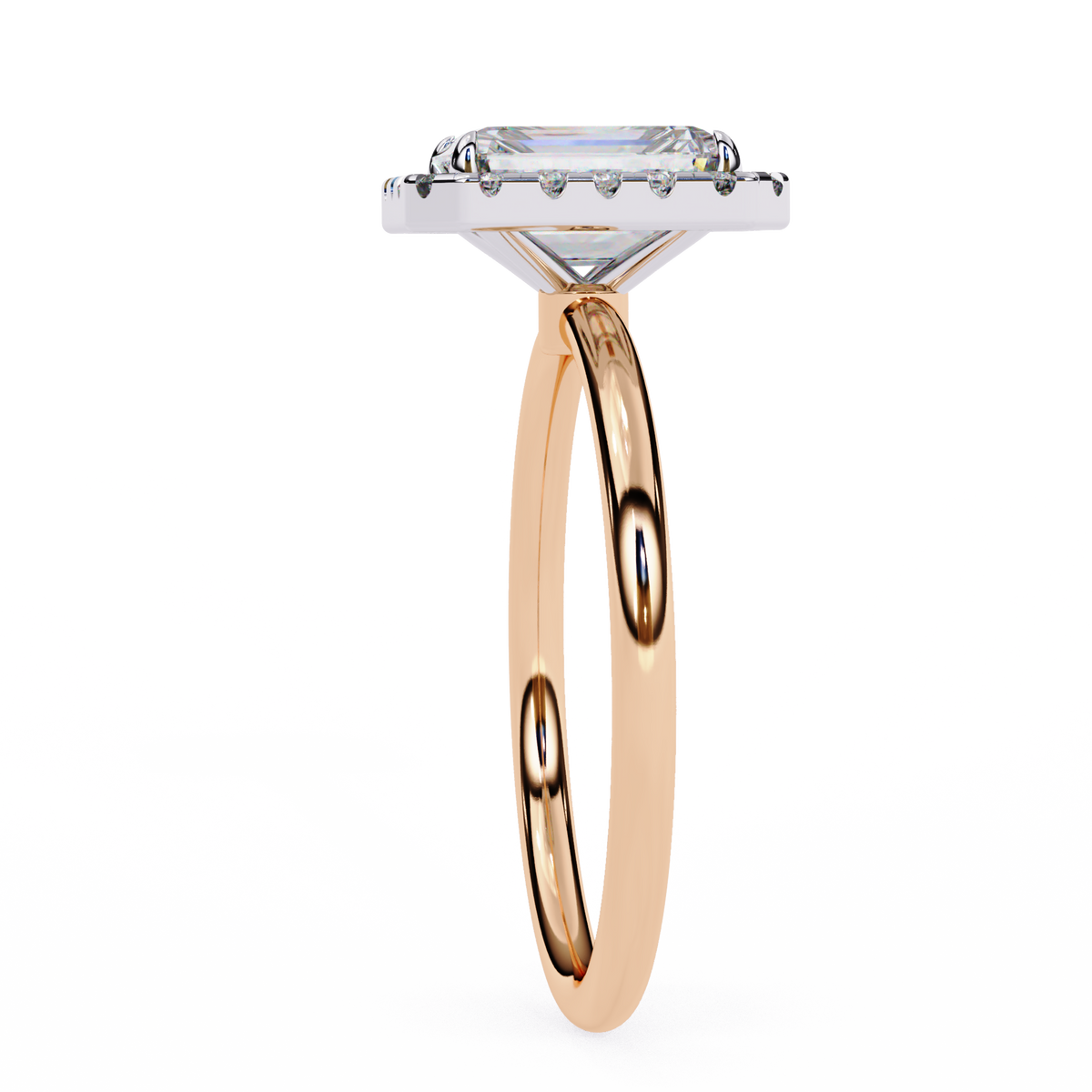 Rose gold ring with a diamond on a white background
