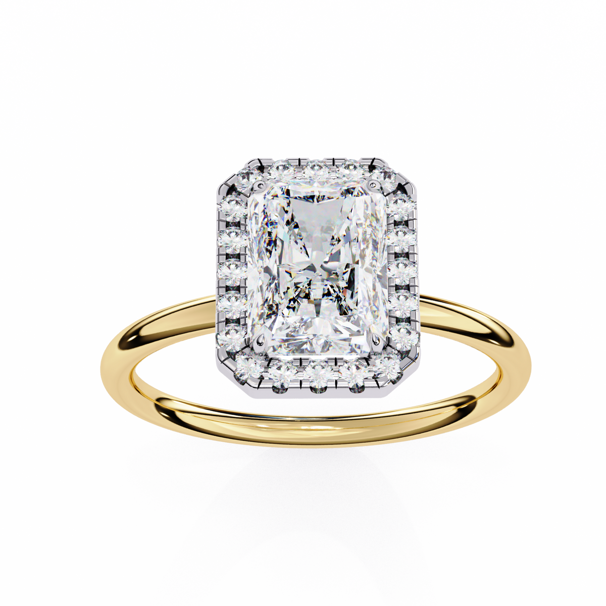 Gold ring with a large diamond on a white background
